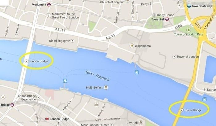     Cầu London (trái) và Cầu tháp London (phải) rất dễ bị nhầm lẫn vì sự nổi tiếng của cả hai.  Ảnh: Google Maps. 